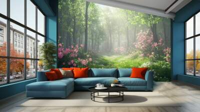 A vibrant spring forest with fresh green leaves and blooming flowers, creating a lively and rejuvenating natural setting. Wall mural