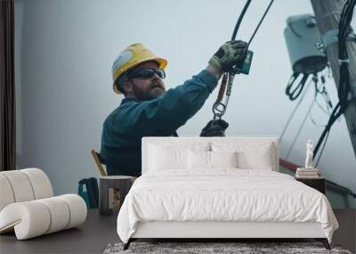 An electrician repairing streetlights from a raised bucket truck, wearing a hard hat and harness. Wall mural