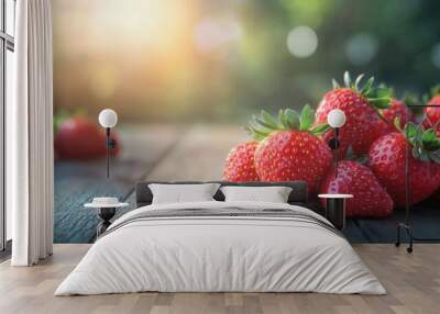 Close-up of fresh strawberries on a rustic wooden table, with a soft natural light highlighting their vibrant red color. Wall mural