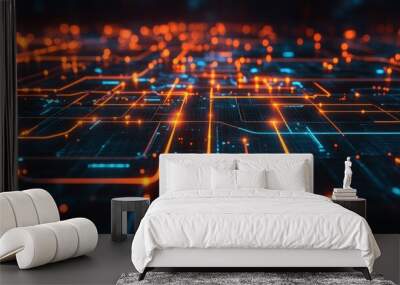 Glowing circuit pathways representing data flow in a futuristic digital network. Wall mural