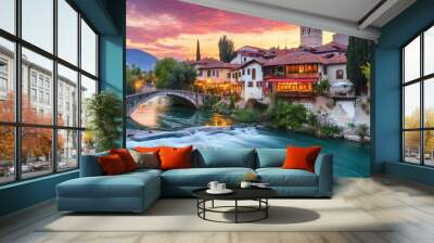 Serene Riverfront Village at Sunset Wall mural