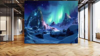 The Northern Lights illuminating a snowy canyon, with rugged rock formations and a clear night sky. Wall mural