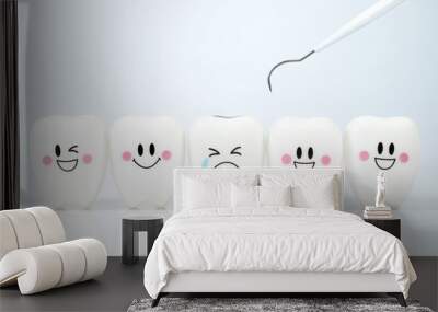 teeth smile and crying emotion with dental plaque tool ,concept dental care cleaning bacterial plaqu Wall mural