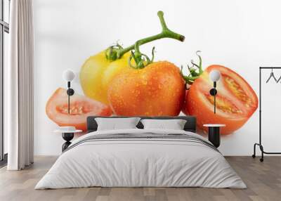 Tomatoes cut in half and crescent with water droplets on them isolated on a white background with clipping path Wall mural