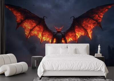 Fierce Fantasy Warrior with Dragon Wings and Fiery Eyes on a Mountaintop in BattleWorn Armor Wall mural