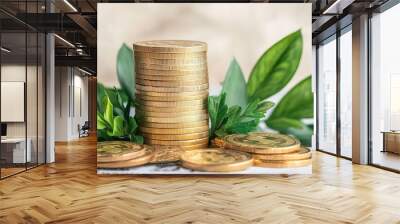 Financial Growth Concept Money Coins and Greenery for Investment and Prosperity Wall mural