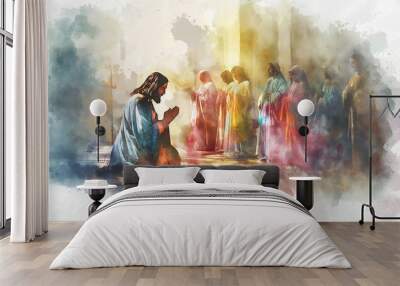 Jesus Christ praying infront of people for miracle and hopes salvation concept, Silhouette Jesus Christ praying close up view,  Digital watercolor painting illustration Wall mural