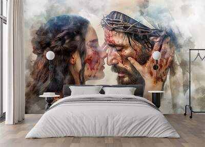 Veronica kissing on the face of Jesus. Digital watercolor painting style Wall mural