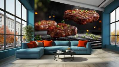 3D flying brisket and grilled meat collection ultra realistic food photo with detailed steak composition Wall mural