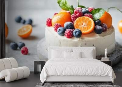 Close up of a tangerine cake adorned with berries against a light grey backdrop oriented horizontally Wall mural