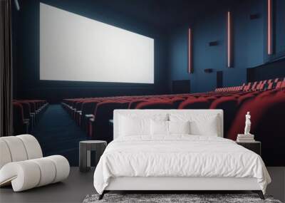 Interior of a cinema featuring empty seats and a plain screen 3D illustration Wall mural