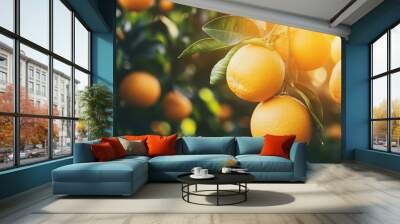 Juicy fresh oranges on tree branches in an orchard Wall mural