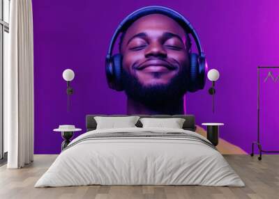 Music streaming platforms Image of a happy Black man in wireless headphones immersed in his favorite playlist eyes closed under neon lights against a purple backdrop panoramic vi Wall mural