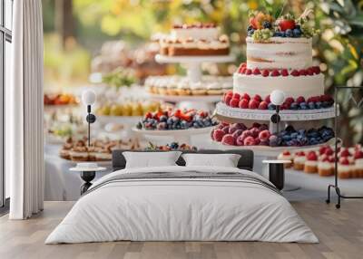 Outdoor wedding dessert display featuring beautifully decorated homemade cakes and sweets made from fresh ingredients set against a blurred backdrop with ample space for text Wall mural