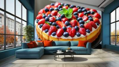 Strawberry and blueberry yogurt cake with mint Wall mural