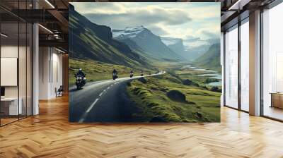 Group of a bikers on highway between beautiful mountains, valley, motorcyclists traveling along mountains road, freedom and active lifestyle Wall mural