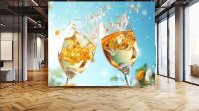 Two glasses of champagne, wine, sparkling toast, fresh, summer vibe, splash Wall mural