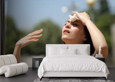 Asian woman drying sweat in a warm summer day Wall mural