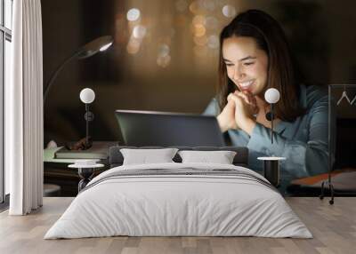 Happy businesswoman is checking laptop in the night Wall mural