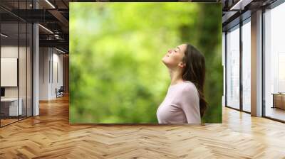 Relaxed woman breathing fresh air in a green forest Wall mural