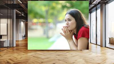 Woman sitting in a park looks away Wall mural