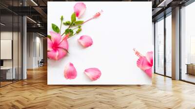 pink flowers hibiscus local flora of asia with leaf arrangement flat lay postcard style on background white  Wall mural