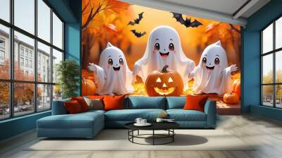 Cute little ghost with pumpkin on Halloween Wall mural