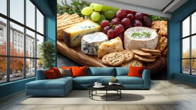 A wooden cutting board filled with assorted cheeses, grapes, and crackers. Wall mural