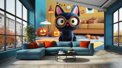 A black cat with big brown glasses and a tired expression, sitting in a living room decorated with Halloween items. 3D style, cartoon-like effect. Wall mural