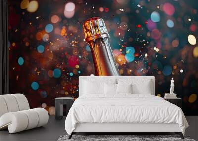 A champagne bottle about to be popped, surrounded by a festive New Year countdown atmosphere, complete with glitter and confetti. Wall mural