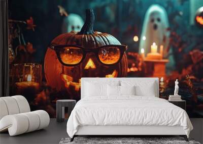 A Halloween scene with a pumpkin wearing glasses with brown and yellow lenses, in a haunted room full of ghostly decorations, flickering lights, and eerie shadows. Creepy vibes. Wall mural