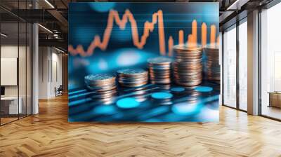 A professional investment concept featuring financial charts, graphs, and growing stacks of coins, symbolizing market growth and financial planning. Wall mural