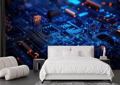 AI-inspired circuit board background with vibrant blue lines and electronic elements, reflecting modern technology and digital advancements. Wall mural