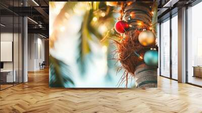 Cheerful and tropical Christmas coconut tree, adorned with ornaments and lights, creating a bright and joyful holiday atmosphere Wall mural