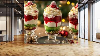 Christmas ice cream parfaits with layers of red and green fruit, whipped cream, and holiday-themed toppings. Wall mural