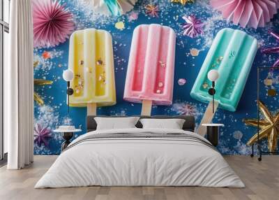 New Year's ice cream popsicles with sparkling designs, bright colors, and a festive celebration backdrop. Wall mural