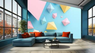 Polygon shapes in pastel colors like light blue, pink, and soft yellow scattered on a minimalist background, creating a simple yet elegant design. Wall mural