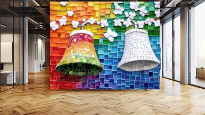 Rainbow and white tiles arranged into a Christmas bell, ringing in the holiday season with a colorful and stylish mosaic. Wall mural