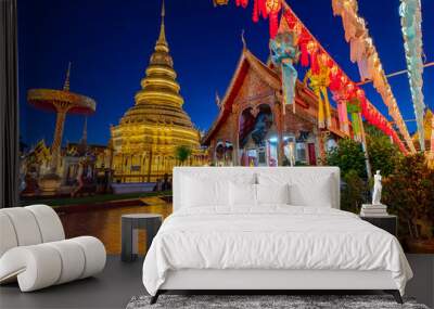 Hariphunchai massive gold stupa of Lamphun province, Thailand Wall mural