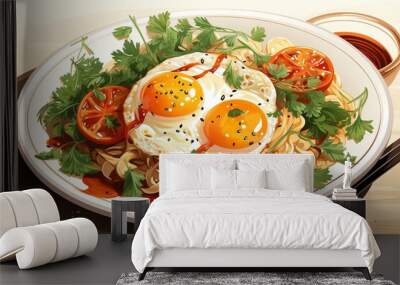 A plate of delicious noodles topped with fried eggs, sliced tomatoes, and fresh herbs on a wooden table Wall mural