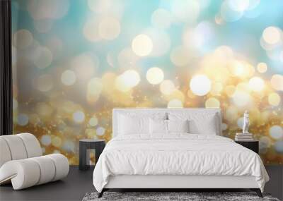 Abstract Gold & Blue Bokeh Lights Background - Festive Design Wall mural