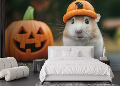 Cute Hamster Wearing Pumpkin Hat for Halloween Wall mural