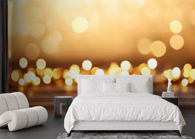 Golden Bokeh Lights with Wooden Tabletop Background Wall mural