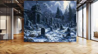 Snowy Graveyard at Night, Eerie Cemetery Landscape Wall mural