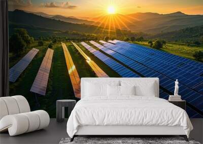 Solar panels in a picturesque landscape at sunset, harnessing the power of the sun for renewable energy in an environmentally friendly setting. Wall mural