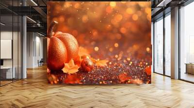 Sparkling Autumn Pumpkin and Leaves Thanksgiving Background Wall mural