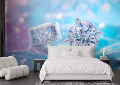 Sparkling Diamond Ring on Blue Background with Bokeh Wall mural