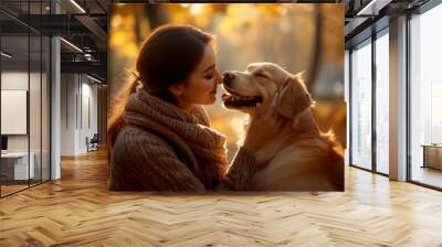 A beautiful young woman is hugging her dog against the backdrop of autumn nature Wall mural