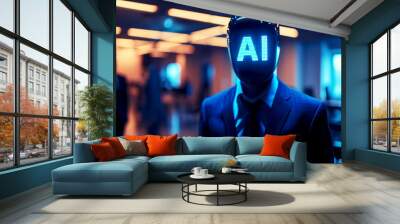 A business man with AI head working alongside an artificial intelligence cyborg in an office setting, depicting the future of work and the integration of AI in the workforce. Wall mural