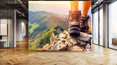 A close-up of a hiker's boots on a rugged mountain path, with the scenic beauty of the mountains in the background .AI Generative Wall mural